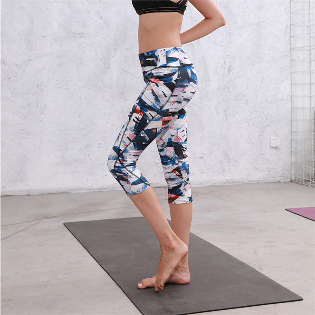 Printed High Waisted Blue White Yoga Gym Stretchy Capri Pants Leggings