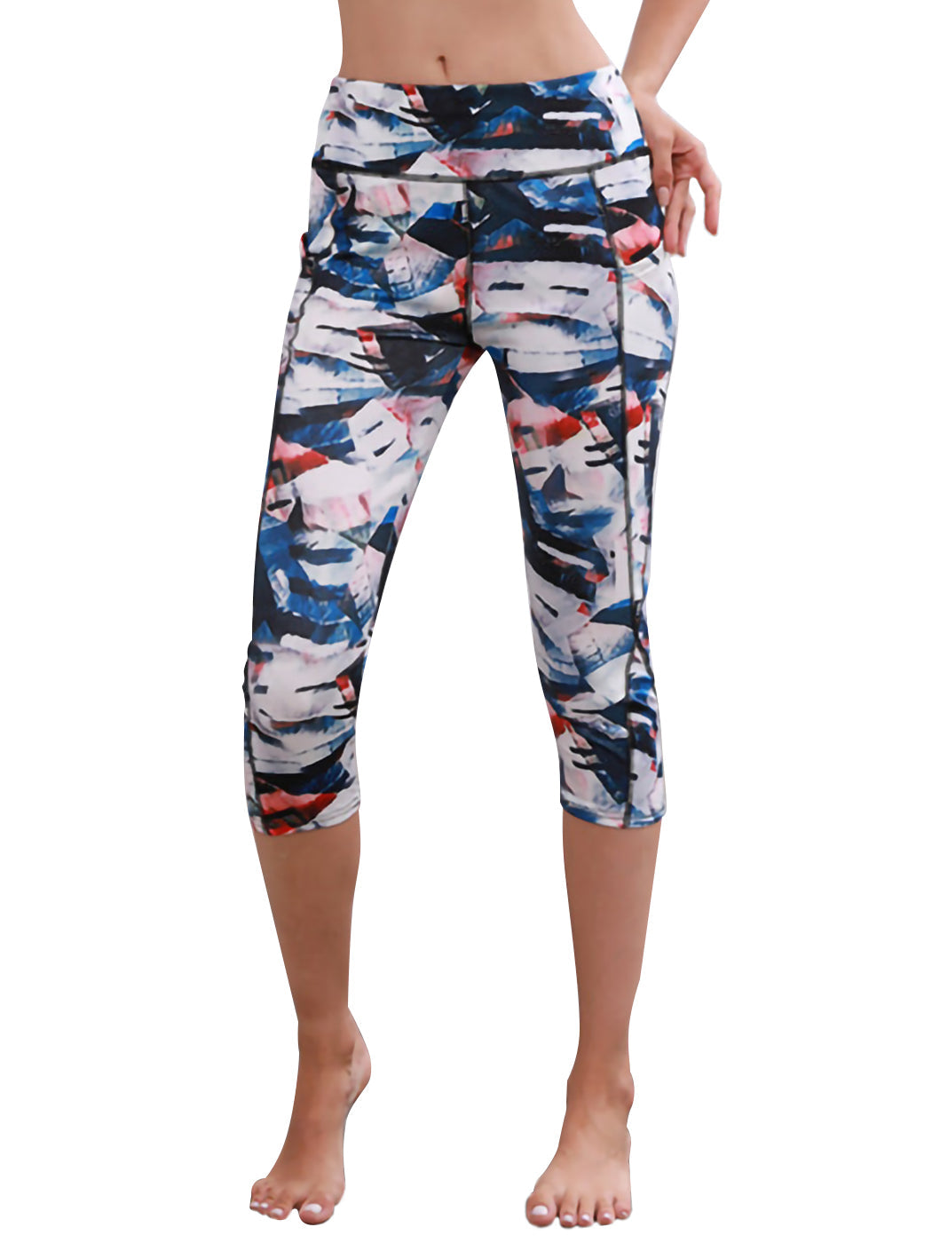Printed High Waisted Blue White Yoga Gym Stretchy Capri Pants Leggings