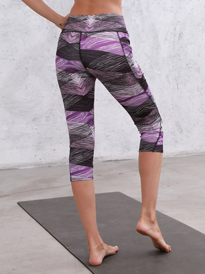 Printed High Waisted Blue White Yoga Gym Stretchy Capri Pants Leggings