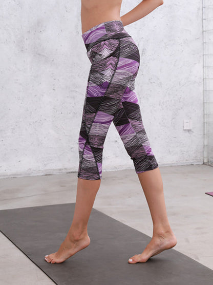 Printed High Waisted Blue White Yoga Gym Stretchy Capri Pants Leggings