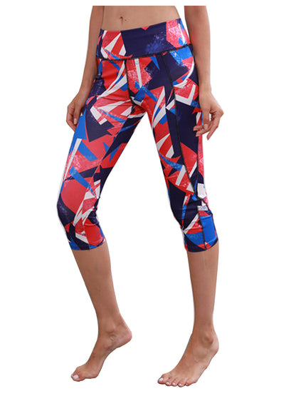 Printed High Waisted Blue White Yoga Gym Stretchy Capri Pants Leggings