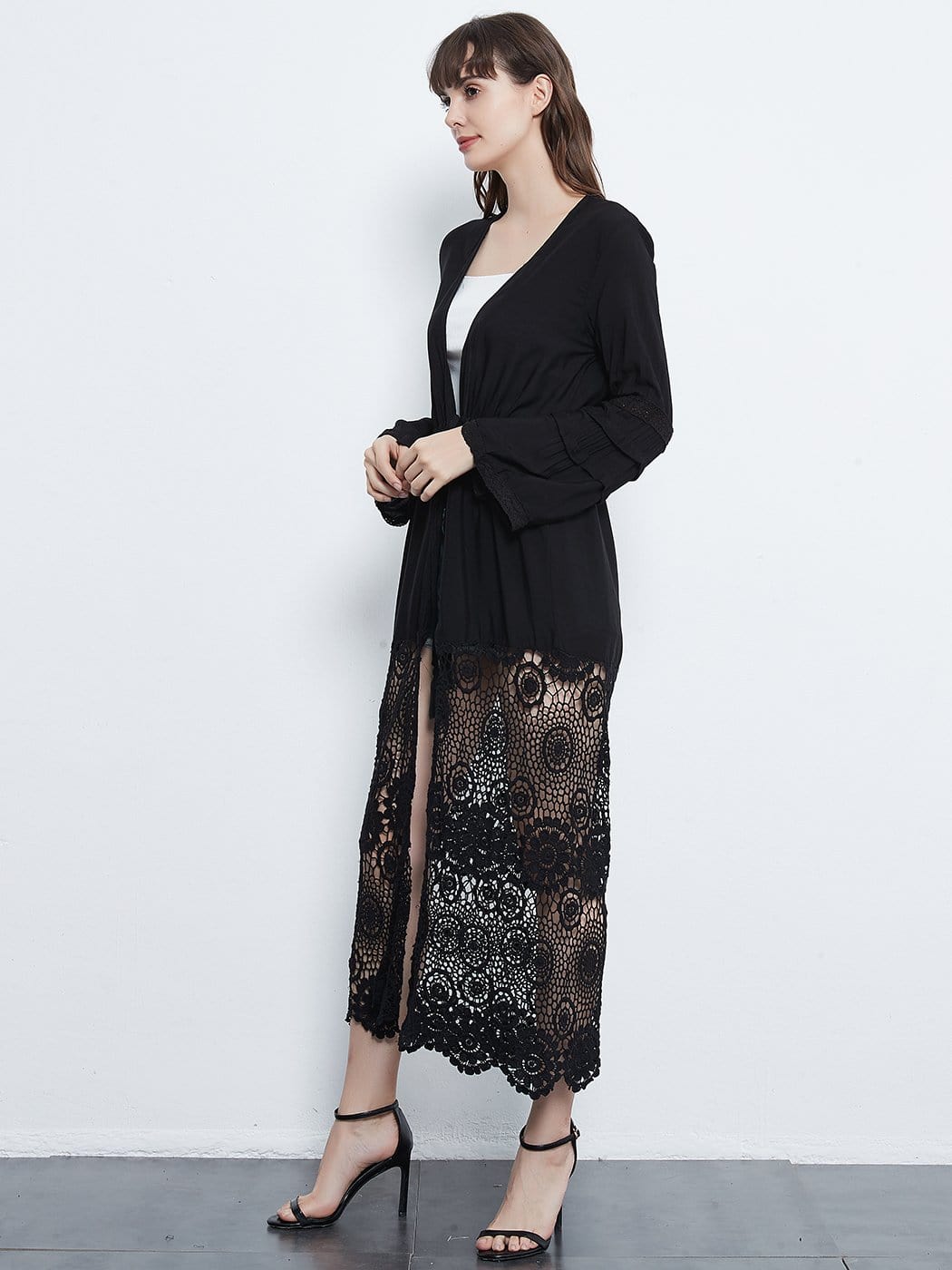 Lace Floral Crochet Embroidered Long Sleeve Drawstring Patchwork Kimono Cardigan
