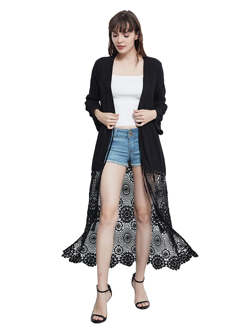 Cárdigan tipo kimono con encaje floral, bordado a crochet, manga larga, cordón y retazos