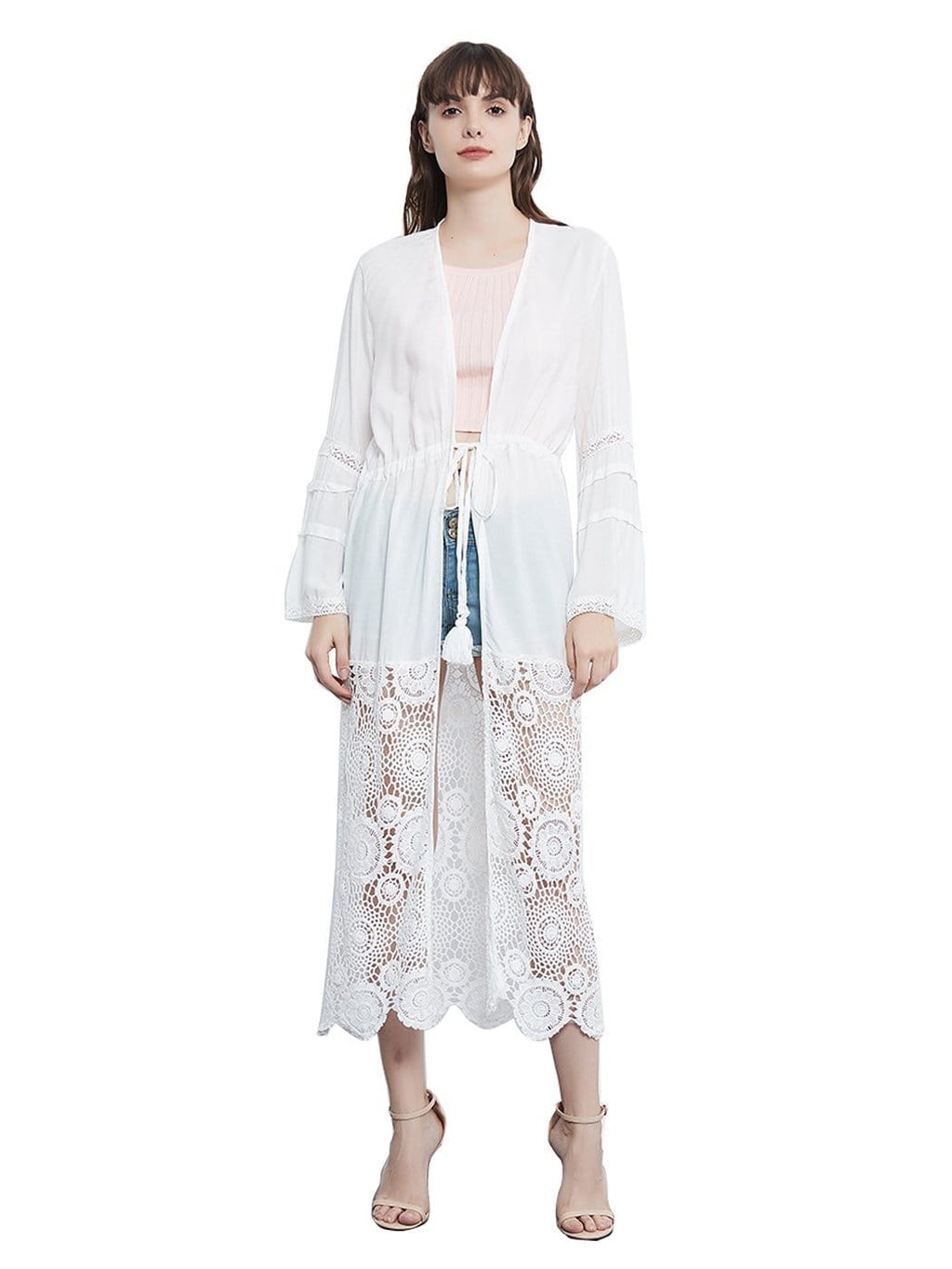 Cárdigan tipo kimono con encaje floral, bordado a crochet, manga larga, cordón y retazos