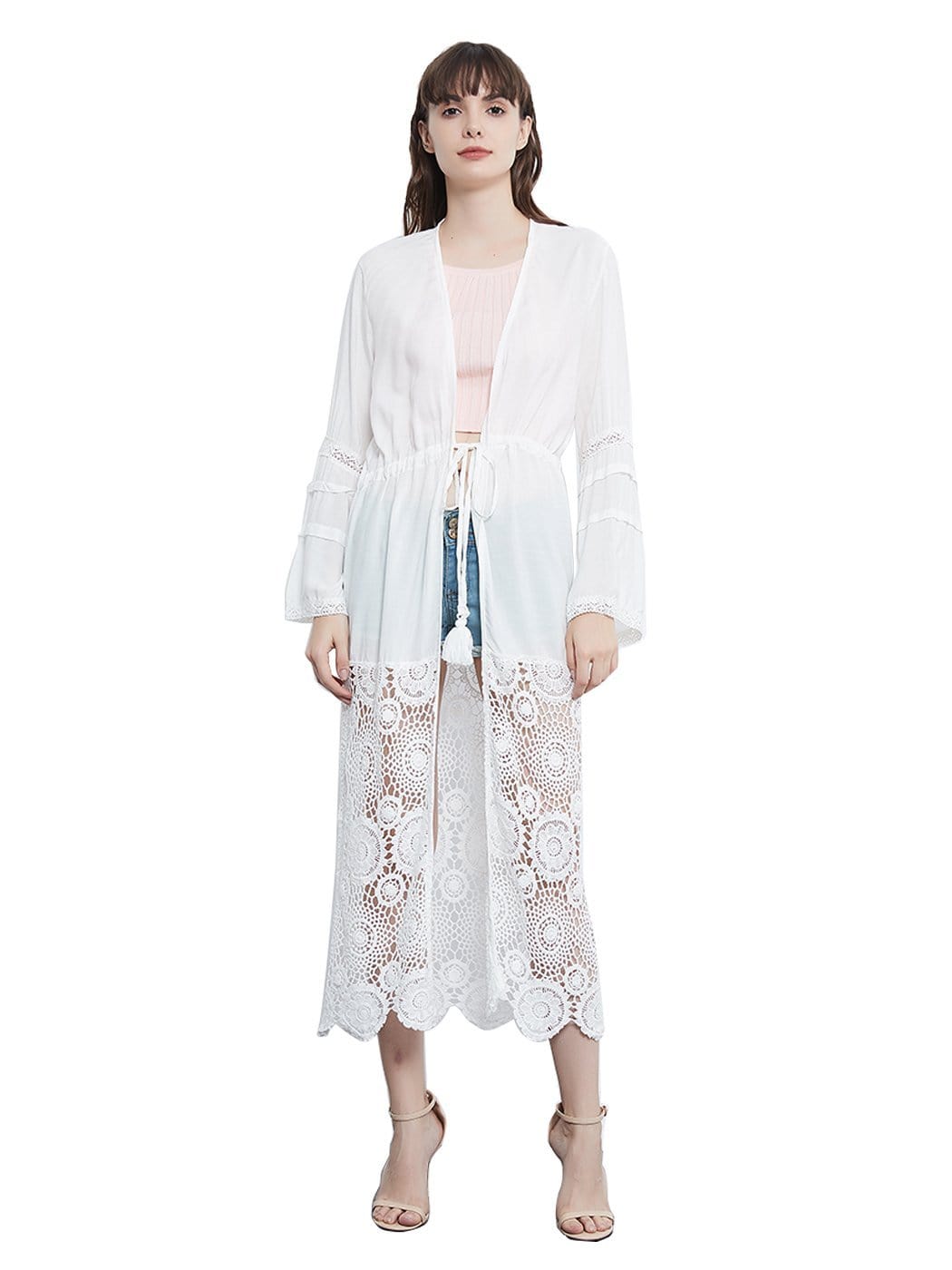 Cárdigan tipo kimono con encaje floral, bordado a crochet, manga larga, cordón y retazos