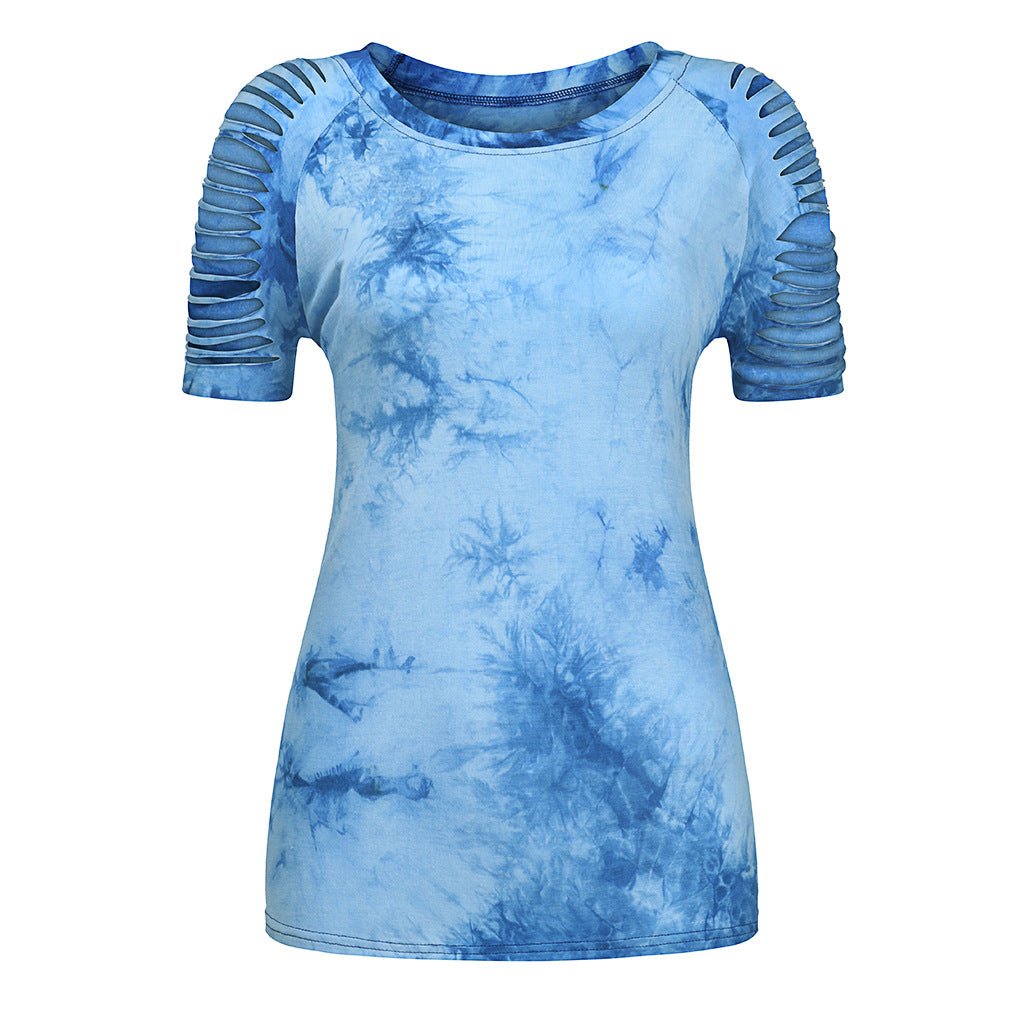 Top holgado de manga corta con estampado tie-dye y rasgado