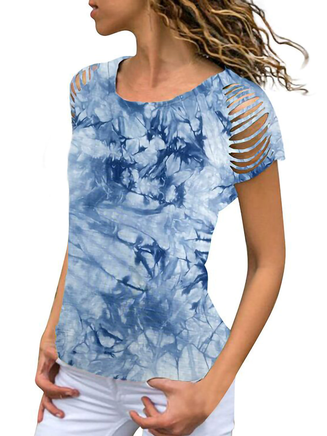Top holgado de manga corta con estampado tie-dye y rasgado