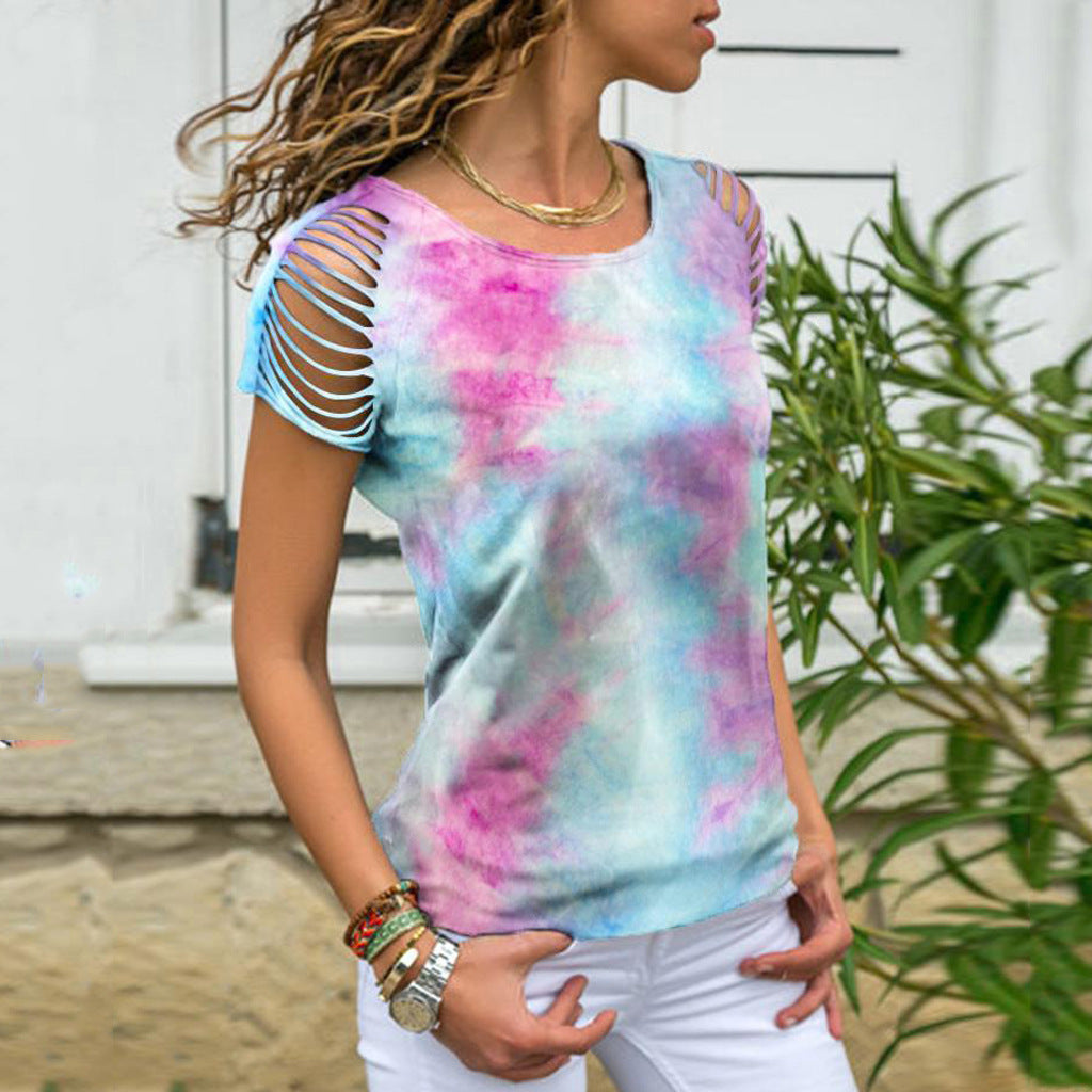 Top holgado de manga corta con estampado tie-dye y rasgado