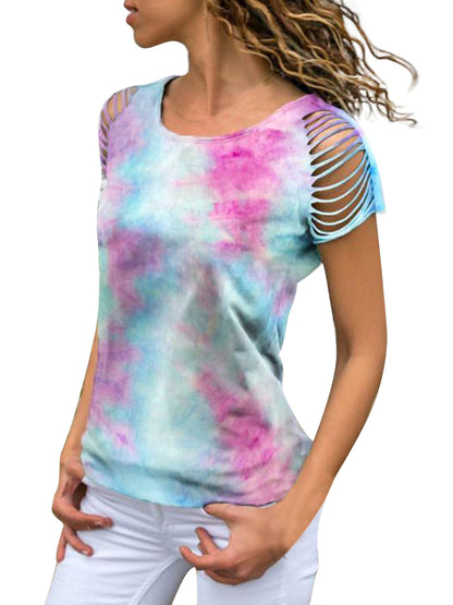 Top holgado de manga corta con estampado tie-dye y rasgado