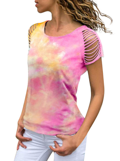 Top holgado de manga corta con estampado tie-dye y rasgado