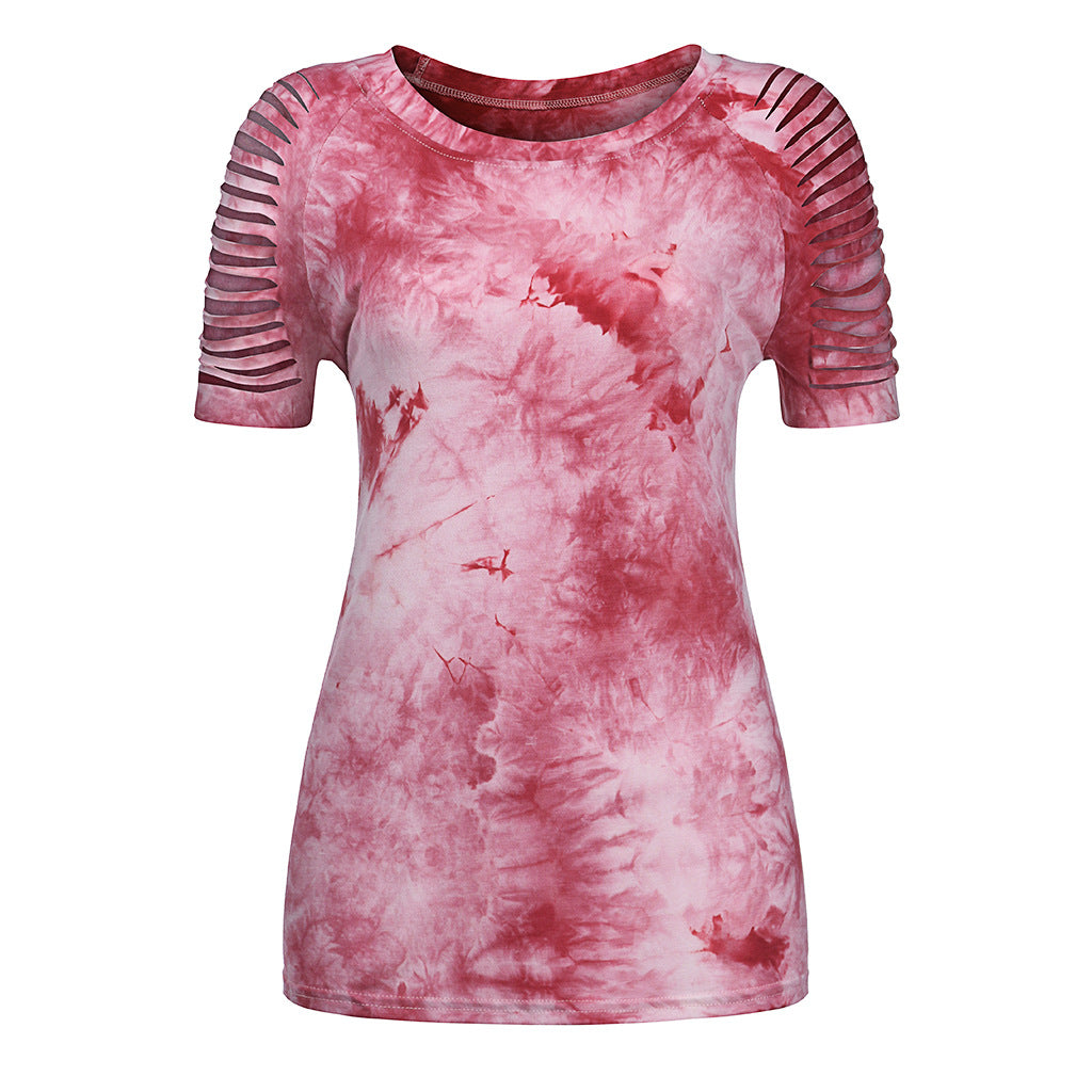 Top holgado de manga corta con estampado tie-dye y rasgado