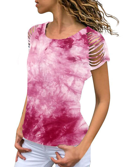 Top holgado de manga corta con estampado tie-dye y rasgado