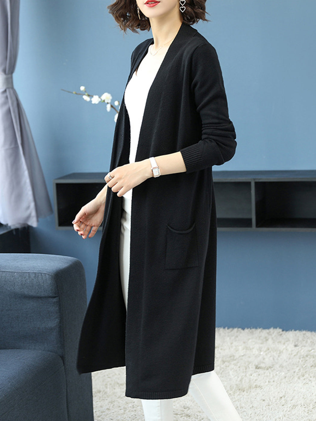 Open Front Knit Long Sleeve Slits Drape Duster Coat Cardigan Sweater with Pockets
