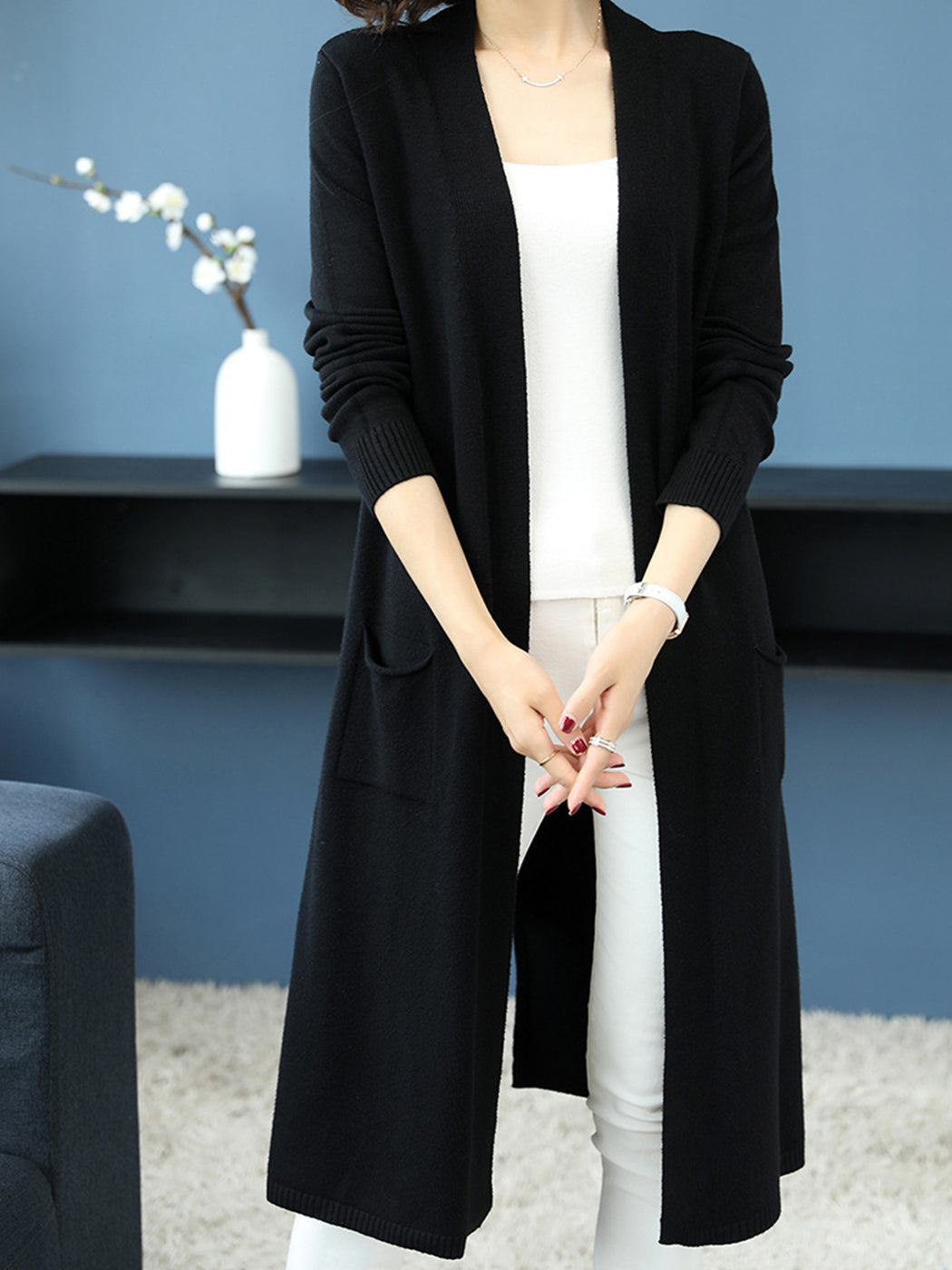 Open Front Knit Long Sleeve Slits Drape Duster Coat Cardigan Sweater with Pockets