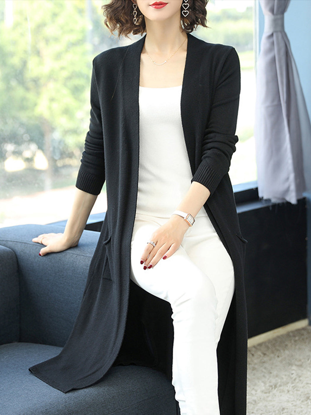 Open Front Knit Long Sleeve Slits Drape Duster Coat Cardigan Sweater with Pockets
