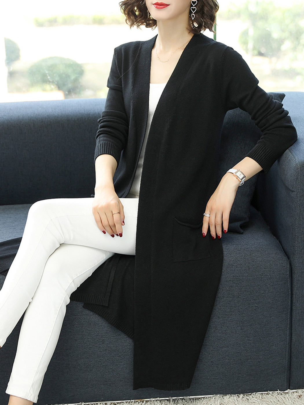 Open Front Knit Long Sleeve Slits Drape Duster Coat Cardigan Sweater with Pockets