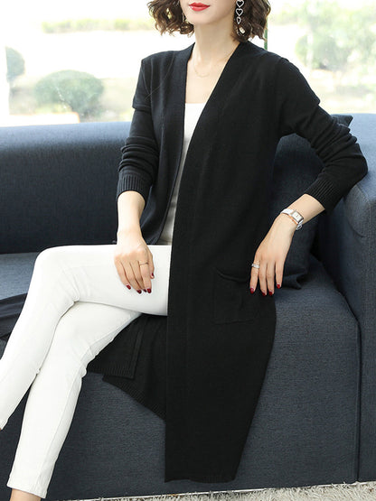 Open Front Knit Long Sleeve Slits Drape Duster Coat Cardigan Sweater with Pockets