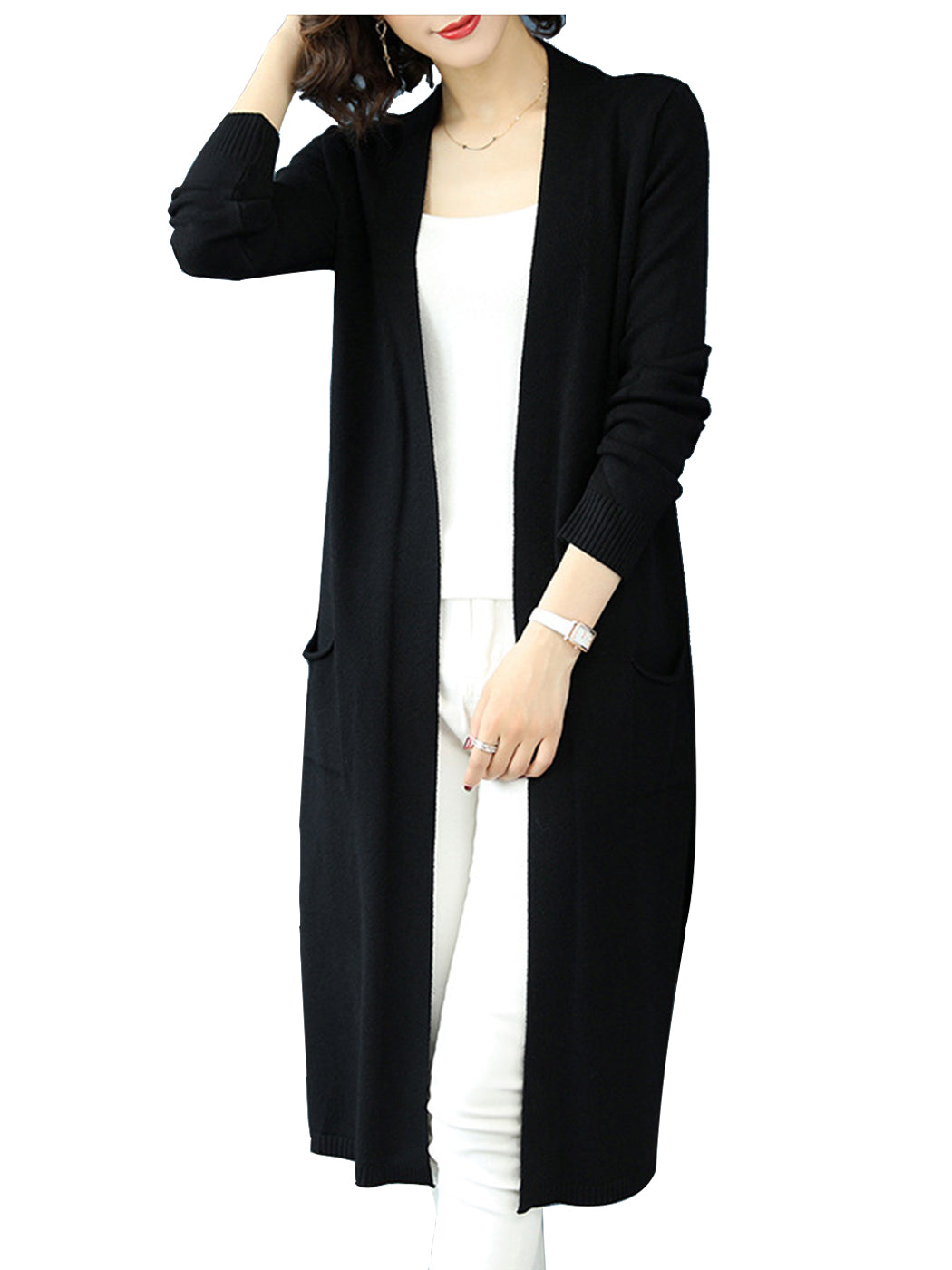 Open Front Knit Long Sleeve Slits Drape Duster Coat Cardigan Sweater with Pockets