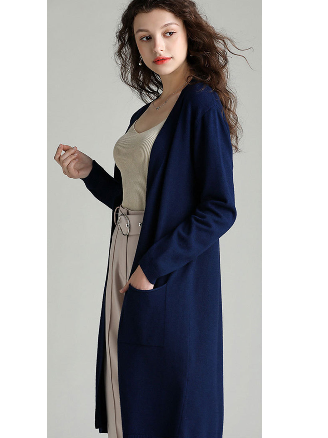 Open Front Knit Long Sleeve Slits Drape Duster Coat Cardigan Sweater with Pockets
