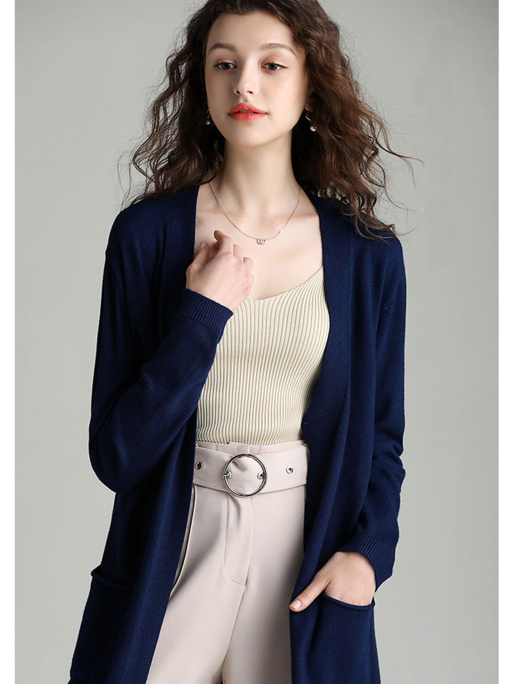 Open Front Knit Long Sleeve Slits Drape Duster Coat Cardigan Sweater with Pockets