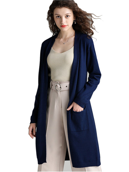 Open Front Knit Long Sleeve Slits Drape Duster Coat Cardigan Sweater with Pockets