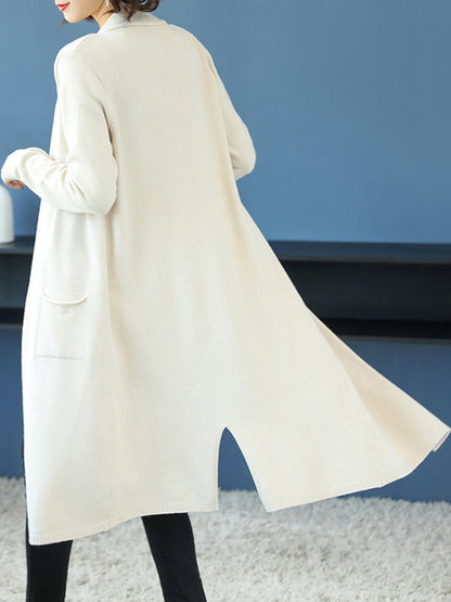 Open Front Knit Long Sleeve Slits Drape Duster Coat Cardigan Sweater with Pockets