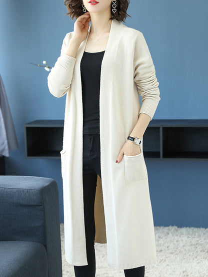 Open Front Knit Long Sleeve Slits Drape Duster Coat Cardigan Sweater with Pockets