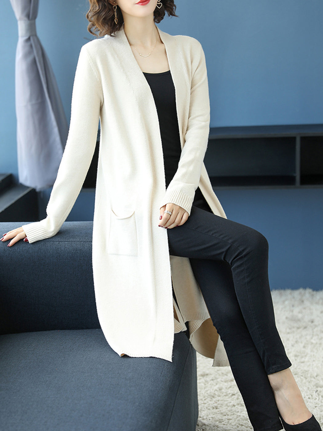 Open Front Knit Long Sleeve Slits Drape Duster Coat Cardigan Sweater with Pockets