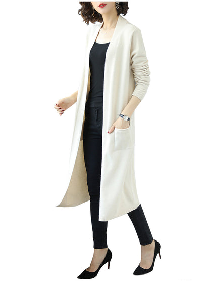 Open Front Knit Long Sleeve Slits Drape Duster Coat Cardigan Sweater with Pockets