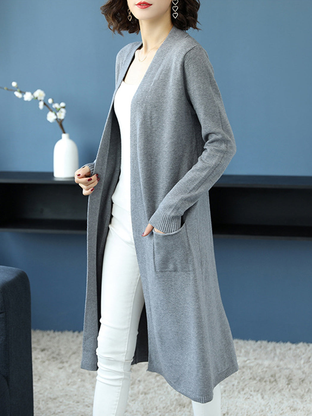 Open Front Knit Long Sleeve Slits Drape Duster Coat Cardigan Sweater with Pockets