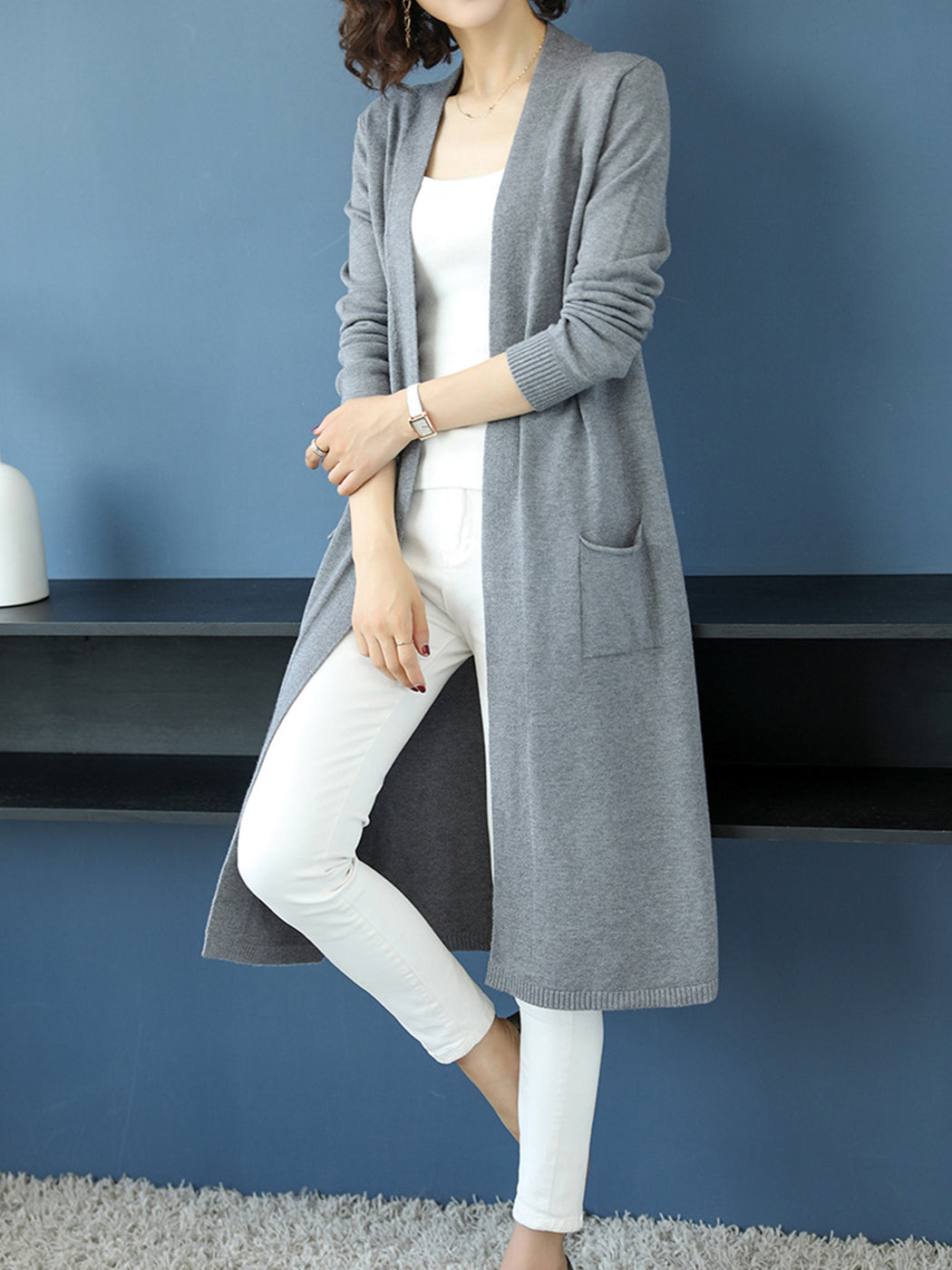 Open Front Knit Long Sleeve Slits Drape Duster Coat Cardigan Sweater with Pockets
