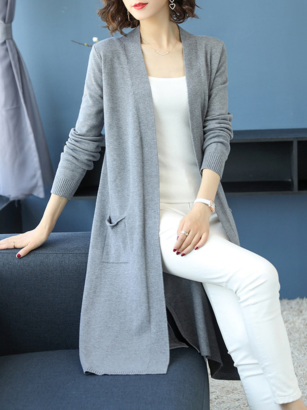 Open Front Knit Long Sleeve Slits Drape Duster Coat Cardigan Sweater with Pockets