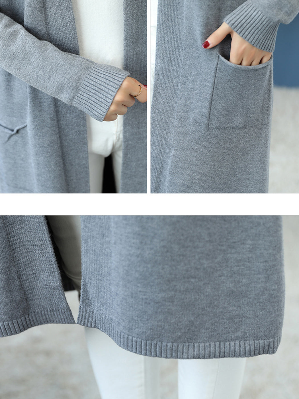 Open Front Knit Long Sleeve Slits Drape Duster Coat Cardigan Sweater with Pockets