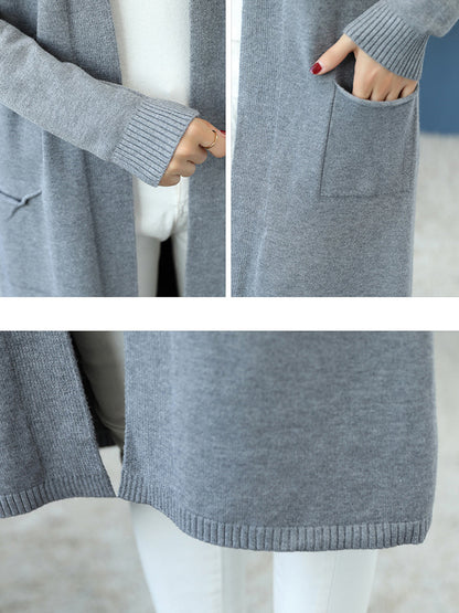 Open Front Knit Long Sleeve Slits Drape Duster Coat Cardigan Sweater with Pockets