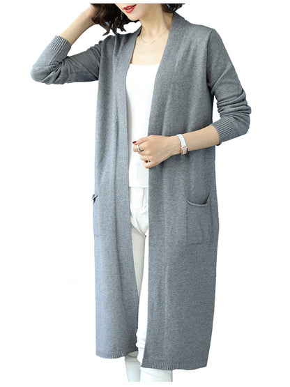 Open Front Knit Long Sleeve Slits Drape Duster Coat Cardigan Sweater with Pockets