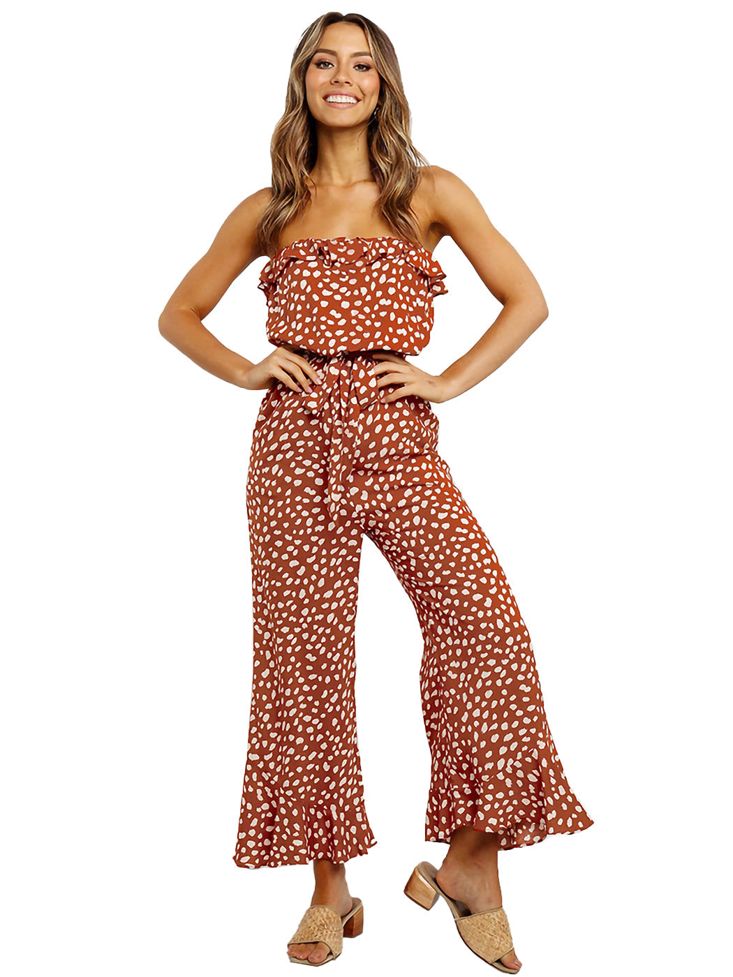 Mono de gasa con hombros descubiertos y pierna ancha con estampado floral