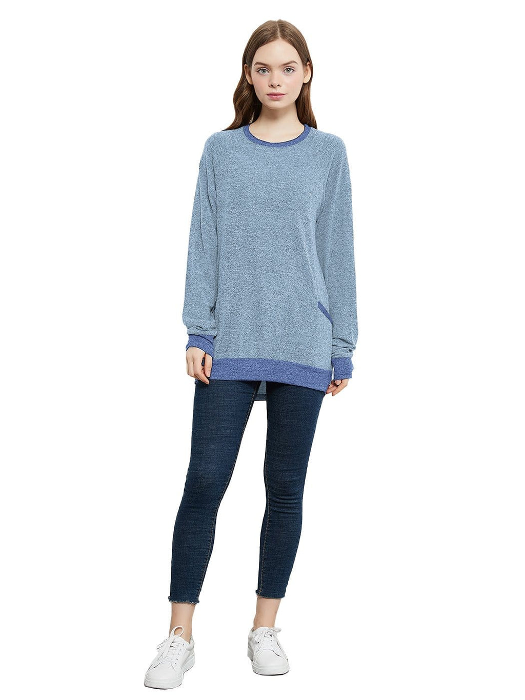 Long Sleeve Round Neck Casual T Shirts Blouses Sweatshirts Tunic Tops with Pocket