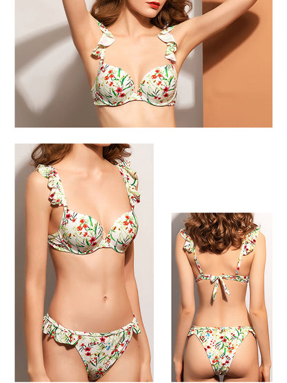 Conjunto de bikini de cintura baja con estampado floral y volantes de dos piezas