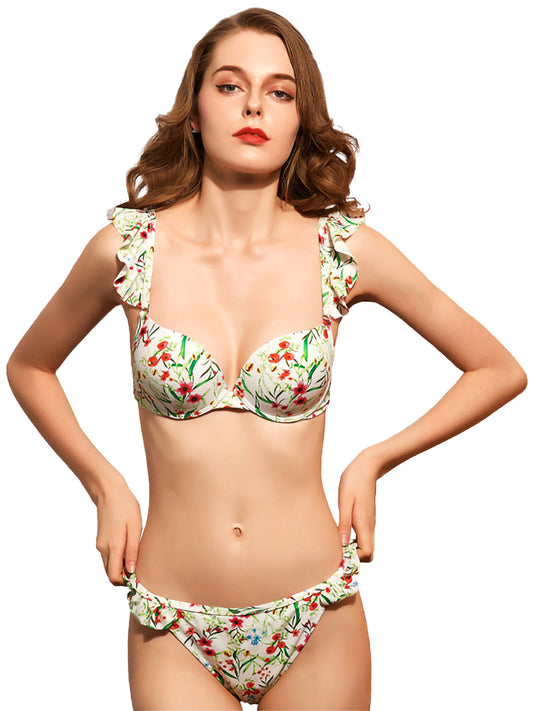 Conjunto de bikini de cintura baja con estampado floral y volantes de dos piezas