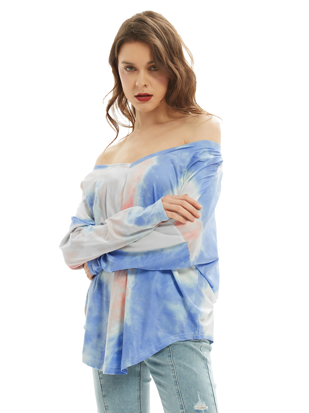 Camiseta de manga larga con cuello en V, camiseta básica informal, tops con efecto tie dye