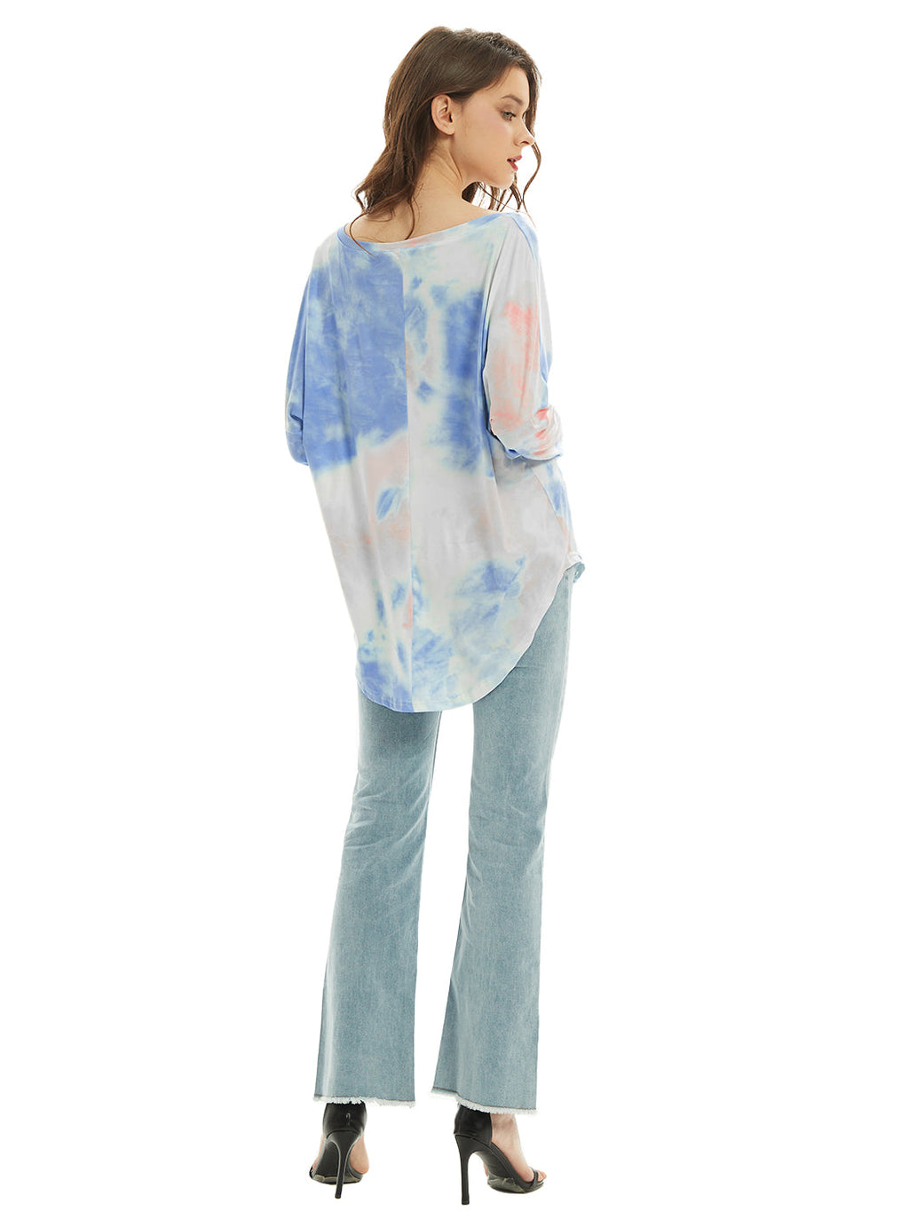 Camiseta de manga larga con cuello en V, camiseta básica informal, tops con efecto tie dye