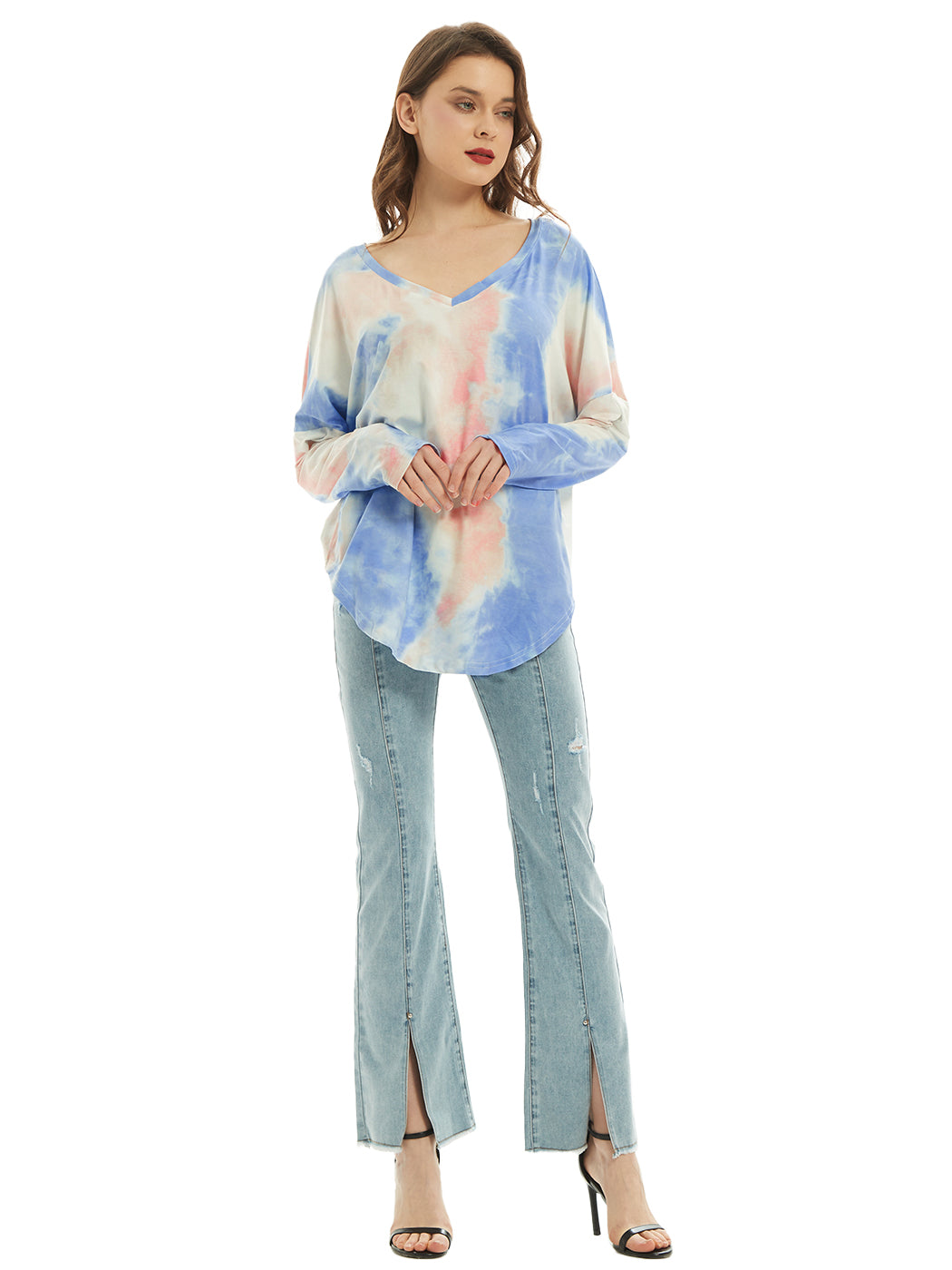 Camiseta de manga larga con cuello en V, camiseta básica informal, tops con efecto tie dye