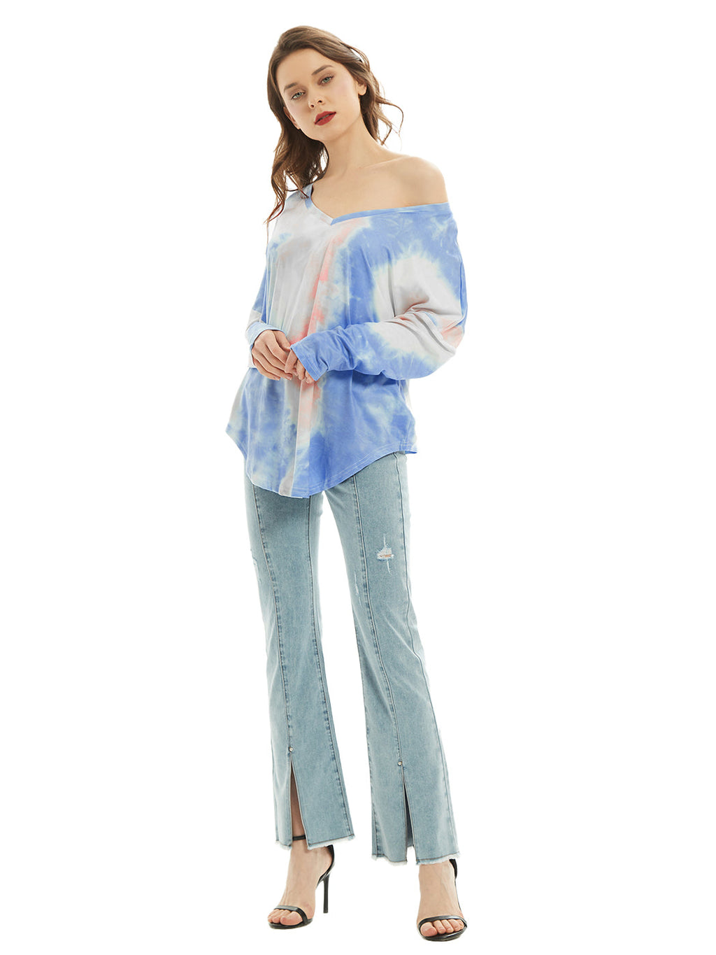 Camiseta de manga larga con cuello en V, camiseta básica informal, tops con efecto tie dye