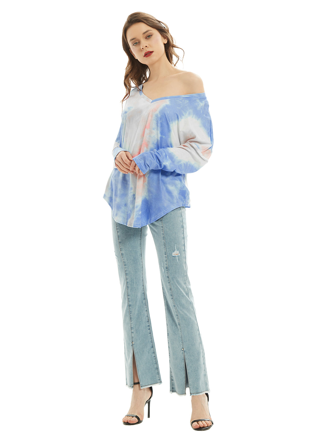 Camiseta de manga larga con cuello en V, camiseta básica informal, tops con efecto tie dye