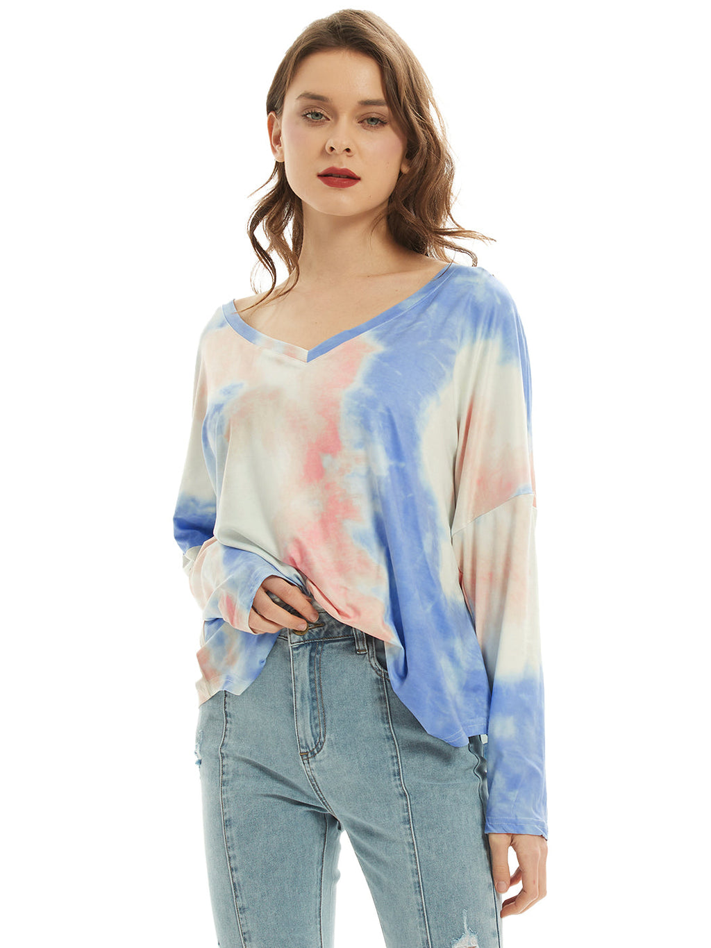 Camiseta de manga larga con cuello en V, camiseta básica informal, tops con efecto tie dye