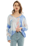 Camiseta de manga larga con cuello en V, camiseta básica informal, tops con efecto tie dye