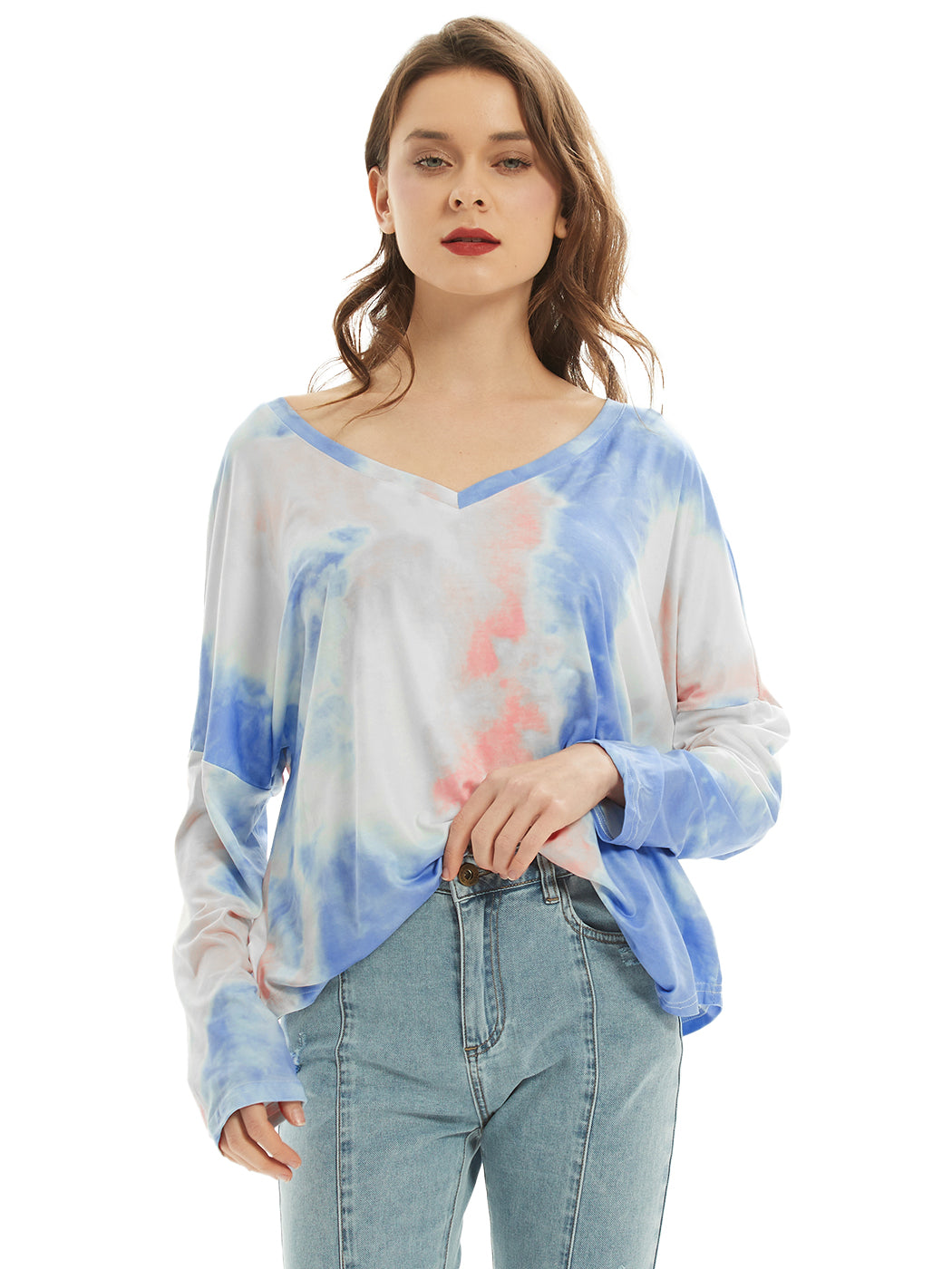 Camiseta de manga larga con cuello en V, camiseta básica informal, tops con efecto tie dye