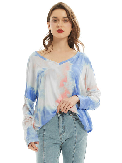 Long Sleeve T Shirt V Neck Casual Basic Tee Tie Dye Tops