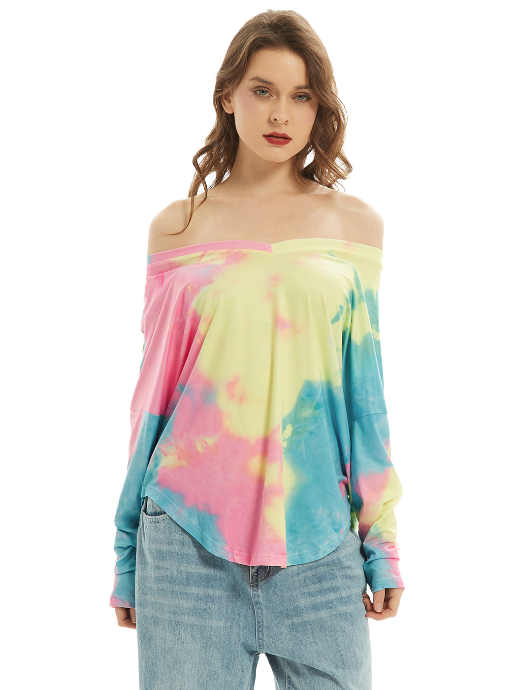 Camiseta de manga larga con cuello en V, camiseta básica informal, tops con efecto tie dye