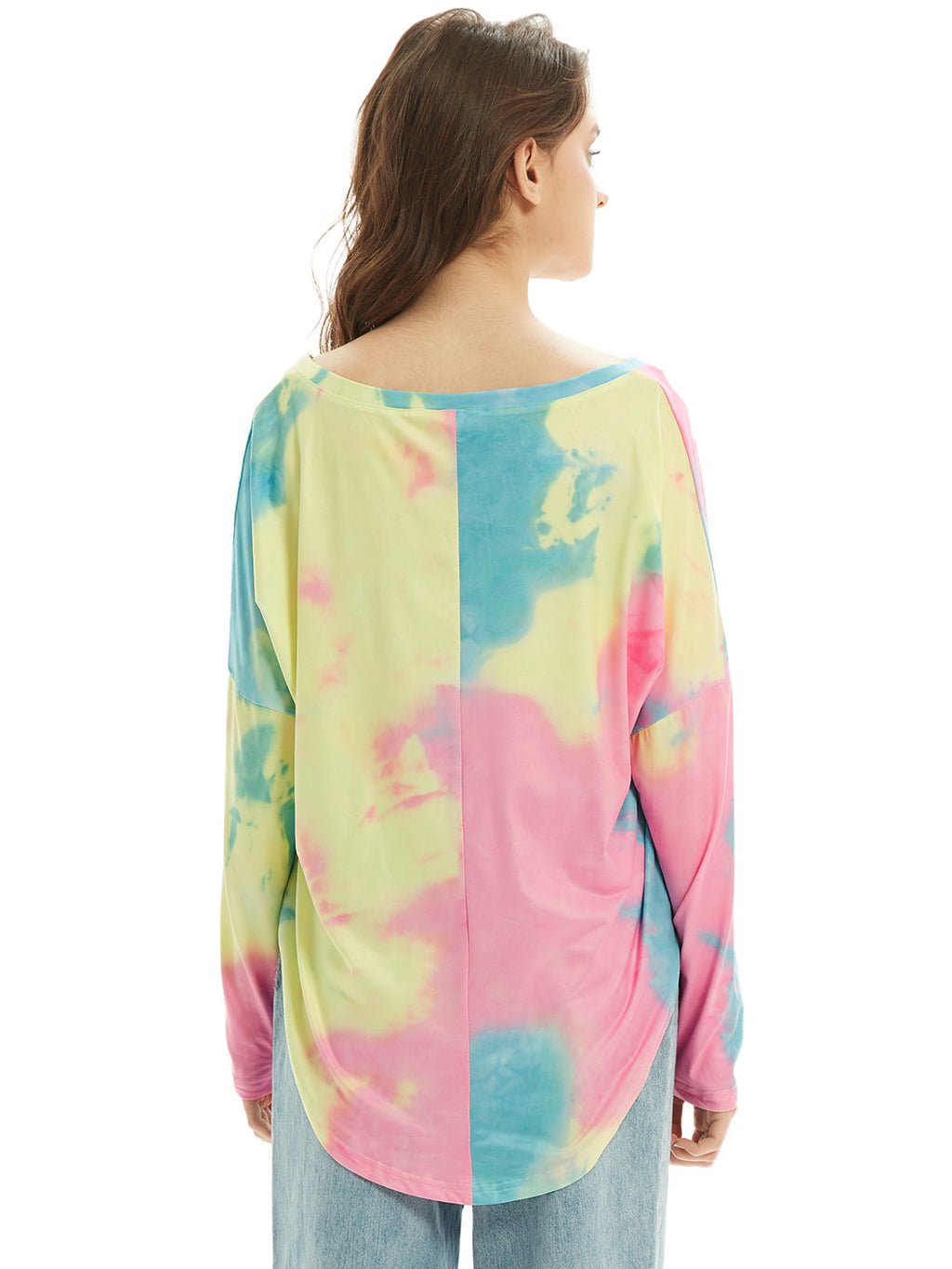 Camiseta de manga larga con cuello en V, camiseta básica informal, tops con efecto tie dye